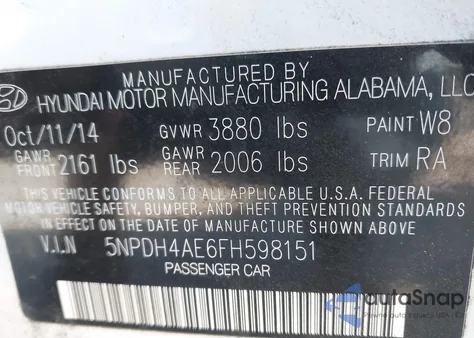 2015 Hyundai Elantra Limited z USA, uszkodzony, nr VIN 5NPDH4AE6FH598151